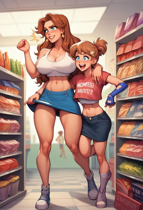 A most Beauty mother-in-law　tiny height, ,　shopping　Supermarket　brown Hair　long hair　girly hairpin　White knitted crop top　((Mother and teendaughter have the most beautiful breasts)),　micromini skirt　squat, broken home, gangs, (masterpiece), best quality, e...