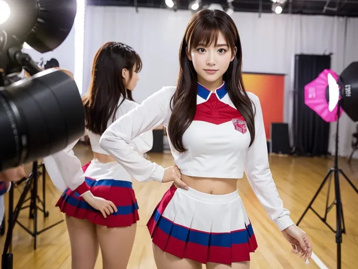 A live-action photo of an extremely beautiful Japanese high school girl race queen who highlights her large breasts and beautiful legs.、Wearing cosplay cheerleader uniforms in a photo studio and taking promotional photos for compensated dating、She is an et...