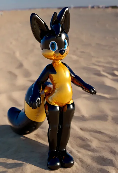 Tails Prower, furry, outside, beach, Tails Prower, Miles Prower, solo, looking at viewer, smile, 1boy, standing, full body,, rubber skin, shiny skin, rubberized skin, latex skin, latex, rubber, inflatable, living inflatable, latex inflatable, animate inani...