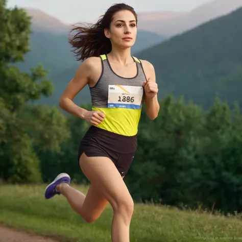 Generate an image of Elena, a 32-year-old woman, 1.68m tall and 58kg, with dark brown eyes, an oval face, and light brown hair, going for a morning run --style photorealistic --full-body --high-detailed --soft-light --pose dynamic --scene outdoor --time mo...