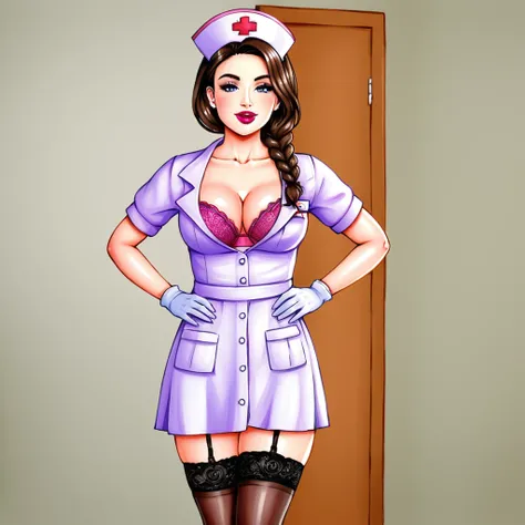 In the dimly lit hospital room, a young female nurse in her early twenties stands out against the somber backdrop. Dressed in lacy lingerie, thigh-high stockings, and a nurses cap, she exudes a sense of seductive mystery. Her low-cut pink top showcases amp...