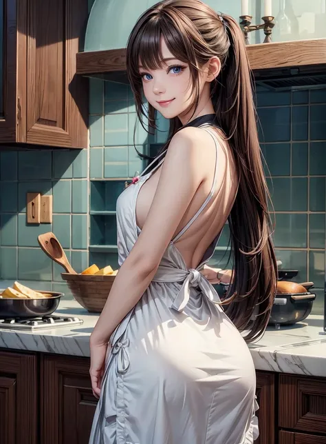 kitchen, apron, open back, open ass,  looking back, look back, (surreal), (illustration), (improve resolution), (8k), (extremely...