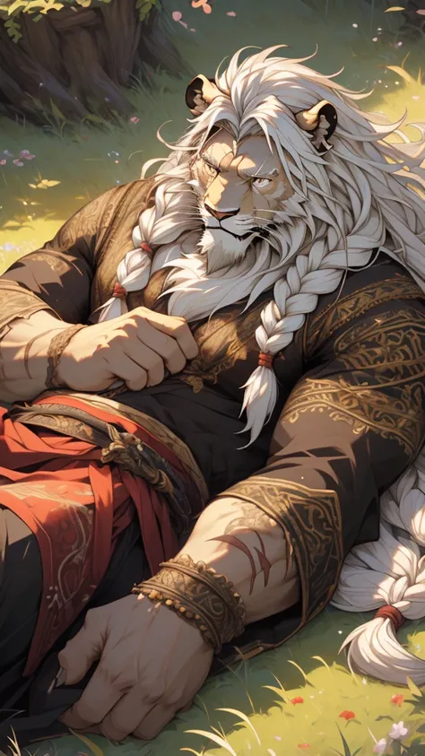 (masterpiece),(highres),(intricate details:1.4),extremely detailed,(illustration:1.2),8k,photorealistic,exquisite,aged,elder male lion ,muscular,swordsman,manhood ,(white hair:1.3),long hair,braided hair,long white beard,scar,badly damaged,hurt,broken body...