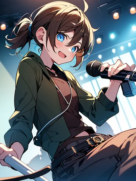 1boy, androgynus body, brown hair, two ponytails, blue eyes, happy face, black necklace, green top, blue jean jacket, blue bell-bottom pants, black shoes, green microphone on the hand, concert background