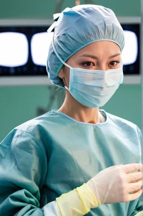 a female surgeon in surgical outfit, surgical mask, surgical cap and surgical gloves, detailed picture, very high resolution, op...