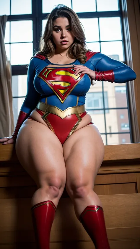 1sexy girl, wearing torn supergirl costume, flying, firm body, BRUNETTE hair, shining blue eyes, sultry posing. (Thick thighs:1.3) ((PAWG BODY)) (CLEAVAGE:1.2)