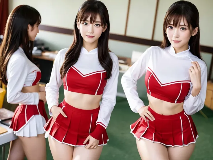 A live-action photo of an extremely beautiful Japanese high school girl race queen who highlights her large breasts and beautiful legs.、Wearing cosplay cheerleader uniforms in a photo studio and taking promotional photos for compensated dating、She is an et...