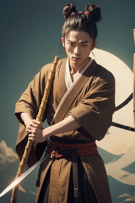 A swordsman with a samurai bun who controls the wind and can make objects float and uses a bamboo staff as a weapon and wears a kimono