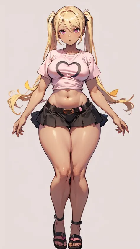 blank background, (((full body))), (masterpiece), ((best quality)), flat chest, short twintail, (wide hips:1.6), (thick thighs:1.4), (very short skirt), sandals, belt below navel, blonde, (pink tshirt), (dark skin)