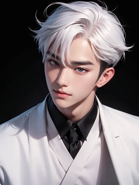 handsome korean boy, sharp eyes, monolid, white hair, arrogant smile, fair skin, black shirt, black wallpaper, portrait angle, soft face, pink blush, lower angle, sexy, calm hair