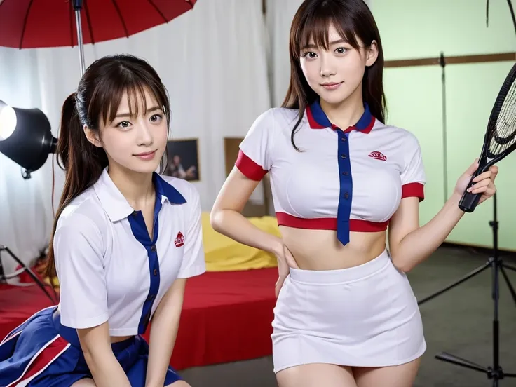 A live-action photo of an extremely beautiful Japanese high school girl race queen who highlights her large breasts and beautiful legs.、Wearing cosplay cheerleader uniforms in a photo studio and taking promotional photos for compensated dating、She is an et...