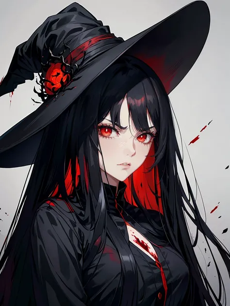 handsome woman，red-eyes，red pupils，Long black hair, grey skin, looks ill, Hyperresolution，accuracy，Detailed rendering，（Subtle facial image）（Image of fine hair）（topquality）（Masterpieces of masters）（High degree of completeness）（A sense of atmosphere）tmasterp...