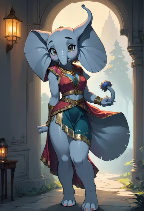 create an illustration, hand painted, full color image of an anthropomorphic elephant woman. artwork should be presented in the ...