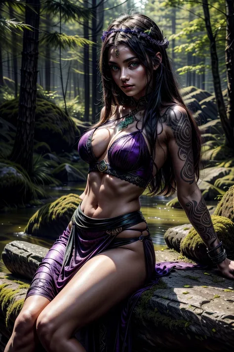 beautiful celtic young woman, purple detailed dress, seated on a rock in an eerie, forested setting, Celtic godness, headpiece adorned, green eyes, bare midriff, intricate tattoos on her leg, thin waist, black hair