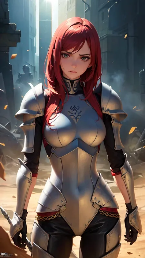 ((((masterpiece, best quality, high resolution)))), Extremely detailed 8K, 1 female, wearing a warrior type of armor, (Ultra HD, Ultra-detailed, Highly detailed, Highly realistic, Ultra-realistic, photograph realistic), (1girl:1.5), (Realistic red hair), (...