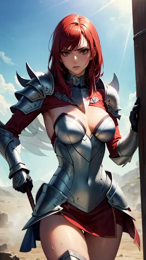 ((((masterpiece, best quality, high resolution)))), Extremely detailed 8K, 1 female, wearing a warrior type of armor, (Ultra HD, Ultra-detailed, Highly detailed, Highly realistic, Ultra-realistic, photograph realistic), (1girl:1.5), (Realistic red hair), (...