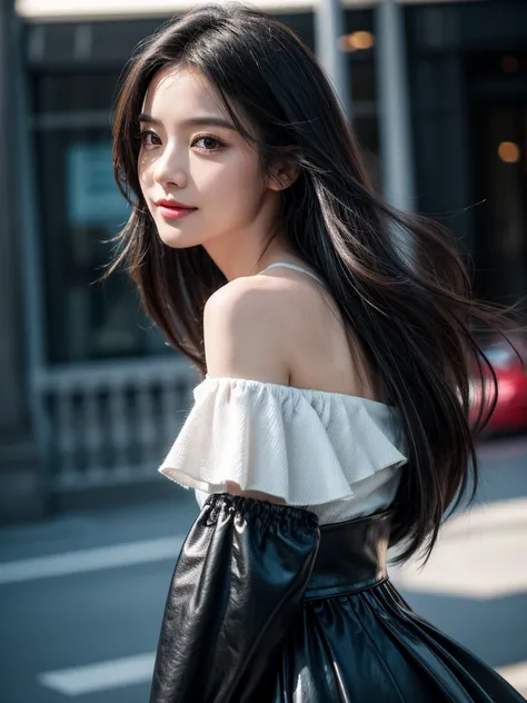 solo, woman, detaild beautifu face and eyes, off shoulder shirt and skirt, black hair, long hair, floating hair, shiny hair, jewelry, light smile, Conceptual art, cinematic lighting, jpeg artifacts, Eye-Level Shot, drop shadow, depth of field, hyperrealism...