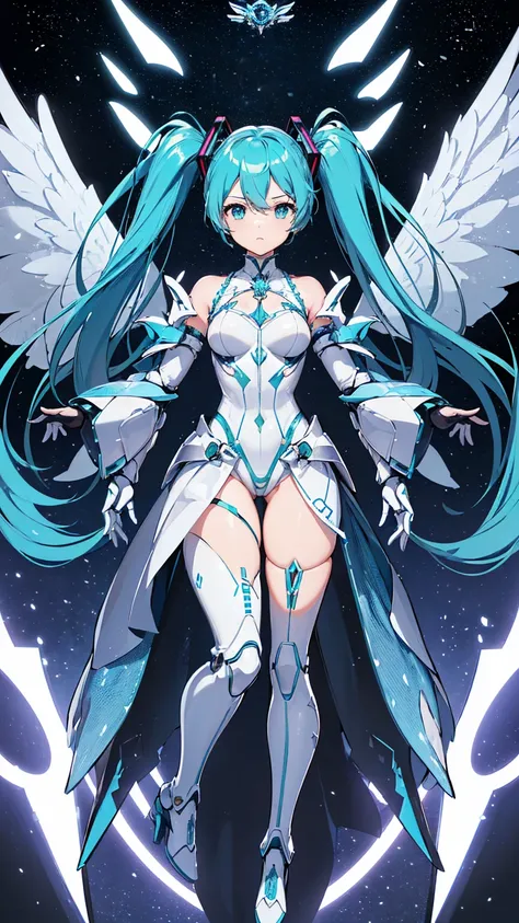 piece
((((masterpiece, expensive quality, very_expensive_solve, アニMechaラー, Exquisite design, Visual Arts, expensive quality)))), (((Hatsune Miku VOCALOID))), Twin tails, Turquoise Hair, Mecha, One girl, cyber punk, Realistic, Mechanical parts, ((((Angel Wi...