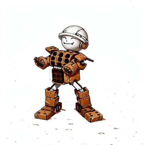 A robot smiles with a spherical head made of bricks, round ears, with a white construction helmet, the arms are made of cobblestone bricks each, shoulders made of colonial tiles, the body is made with two bricks with 9 holes in position. perpendicular, the...