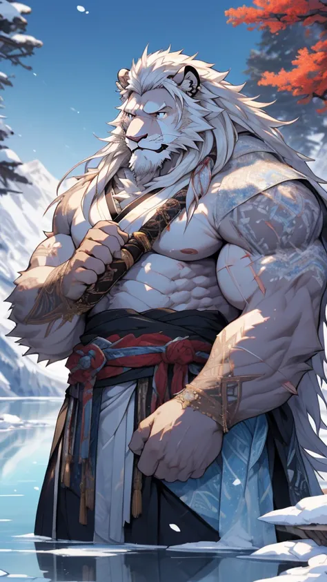 (masterpiece),(highres),(intricate details:1.4),extremely detailed,(illustration:1.2),8k,photorealistic,exquisite,solo,aged,elder male lion ,muscular,Japanese swordsman,manhood ,(white hair:1.3),long hair,long white beard,scar,badly damaged,hurt,broken bod...