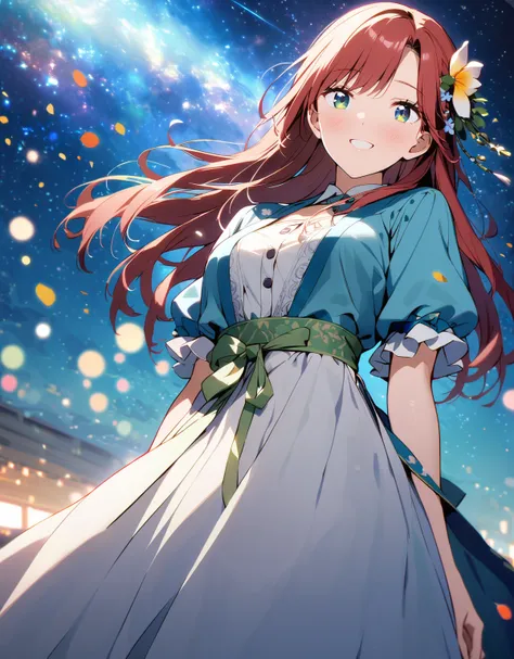 1 Girl. Old-fashioned smile. flowerびら.  __flower__. four seasons. Bokeh. 
Nice body,  beautiful 肌. oily 肌. Very delicate and beautiful. Very detailed. Clear Eyes. Red hair。Hair accessories with attention to detail,背景に美しいflower畑,Hair is tied））,Amazing starr...