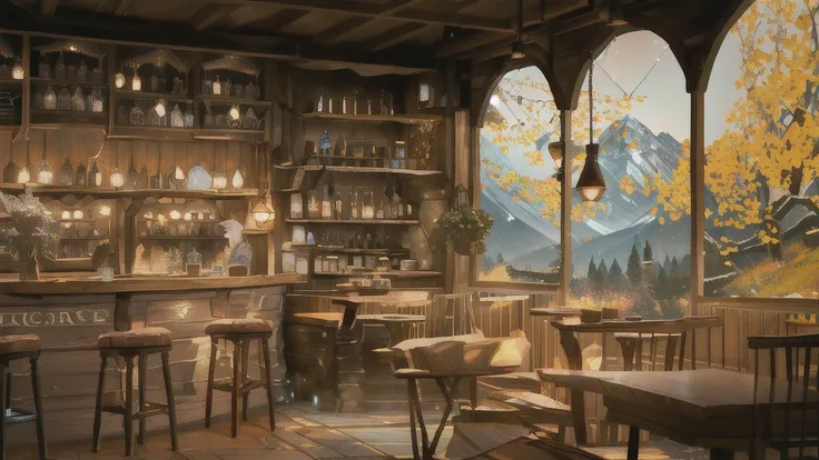 there is a bar with a lot of bottles of wine on it, cozy cafe background, a multidimensional cozy tavern, interior of a hobbit hole, coffee shop, cosy enchanted scene, fantasy bakery interior setting, cafe interior, cottagecore, interior of a mountain hut,...