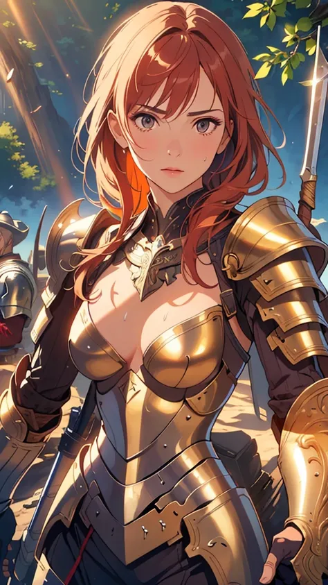 ((((masterpiece, best quality, high resolution)))), Extremely detailed 8K, 1 female, wearing a warrior type of armor, (Ultra HD, Ultra-detailed, Highly detailed, Highly realistic, Ultra-realistic, photograph realistic), (1girl:1.5), (Realistic red hair), (...