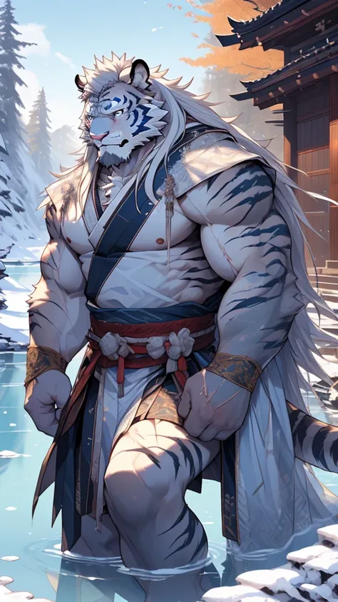 (masterpiece),(highres),(intricate details:1.4),extremely detailed,(illustration:1.2),8k,photorealistic,exquisite,solo,aged,elder male tiger ,muscular,Japanese swordsman,manhood ,(white hair:1.3),long hair,long white beard,scar,badly damaged,hurt,broken bo...