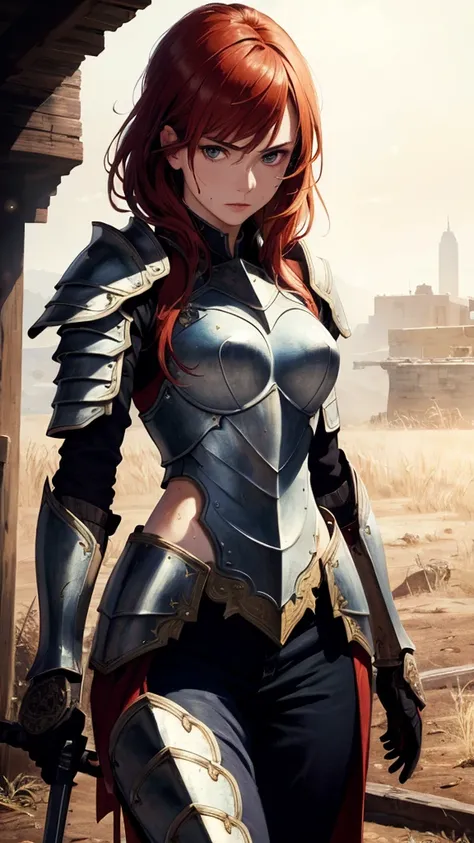 ((((masterpiece, best quality, high resolution)))), Extremely detailed 8K, 1 female, wearing a warrior type of armor, (Ultra HD, Ultra-detailed, Highly detailed, Highly realistic, Ultra-realistic, photograph realistic), (1girl:1.5), (Realistic red hair), (...