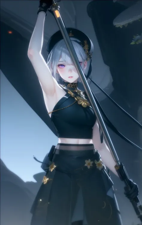 realistic, 1girl, white hair, purple eyes, glowing eyes, crop top, skirt, parted lips, blush, night, flowers, sun, sunlight,