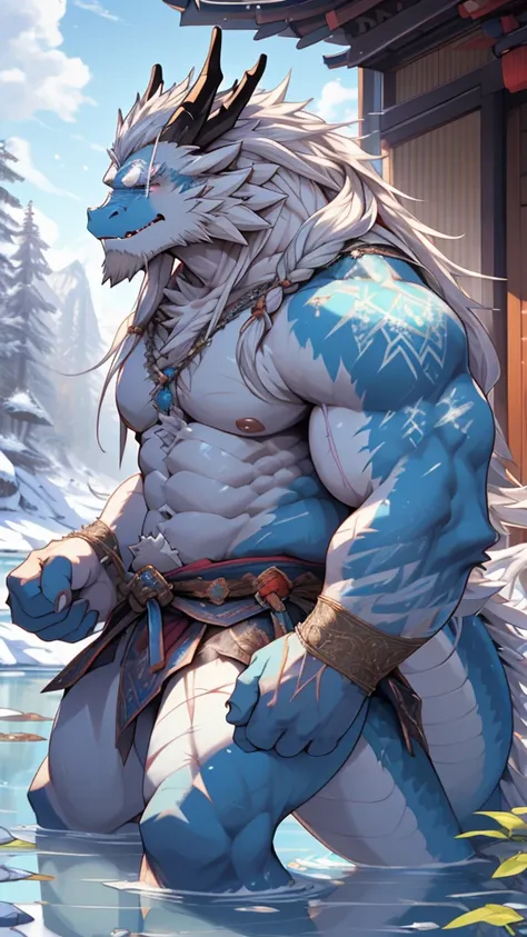 (masterpiece),(highres),(intricate details:1.4),extremely detailed,(illustration:1.2),8k,photorealistic,exquisite,solo,aged,elder male eastern dragon,muscular,Japanese swordsman,manhood ,(white hair:1.3),long hair,long white beard,scar,badly damaged,hurt,b...