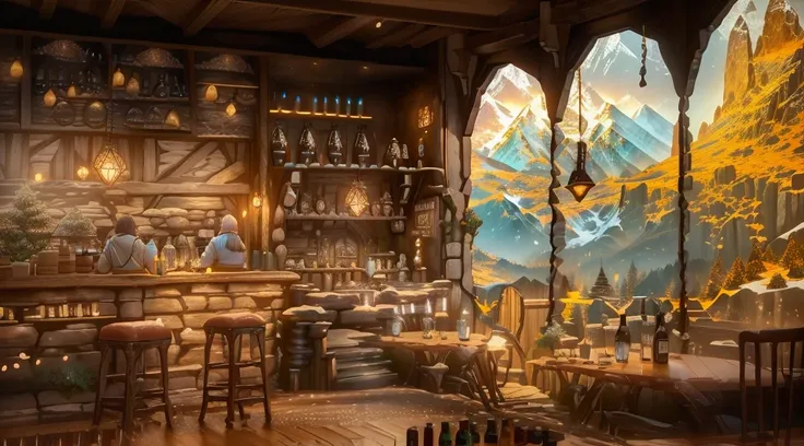 there is a bar with a lot of bottles of wine on it, cozy cafe background, a multidimensional cozy tavern, interior of a hobbit hole, coffee shop, cosy enchanted scene, fantasy bakery interior setting, cafe interior, cottagecore, interior of a mountain hut,...