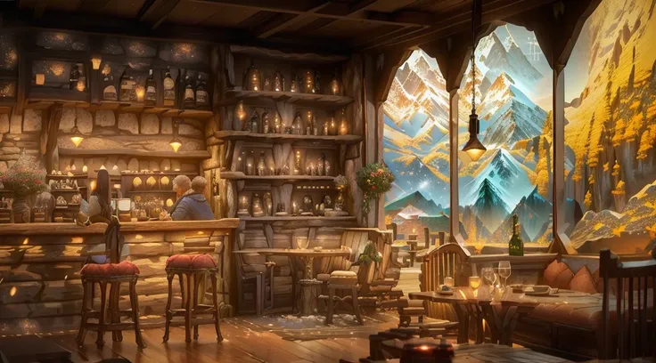 there is a bar with a lot of bottles of wine on it, cozy cafe background, a multidimensional cozy tavern, interior of a hobbit hole, coffee shop, cosy enchanted scene, fantasy bakery interior setting, cafe interior, cottagecore, interior of a mountain hut,...