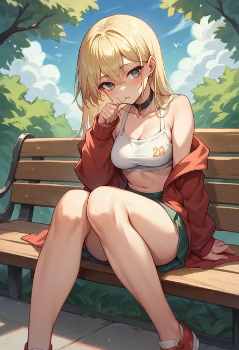 Adorable 6 year old blonde sitting on a bench with her legs open showing her underwear