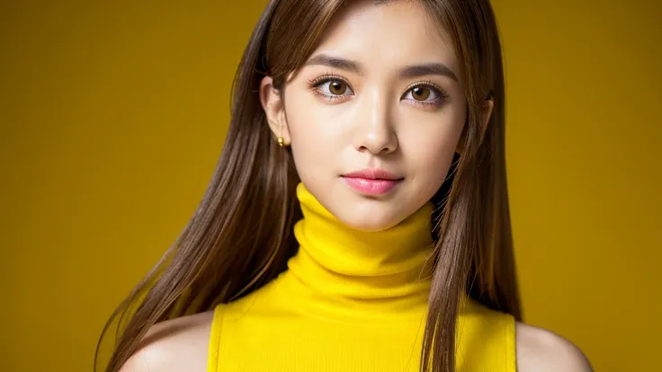 woman,(Detailed face),vivid,chest,cute,Sleeveless and(turtleneck)Yellow clothes,4K,Ultra-high resolution,（Photorealistic：1.7）,Yellow background,Long Hair,