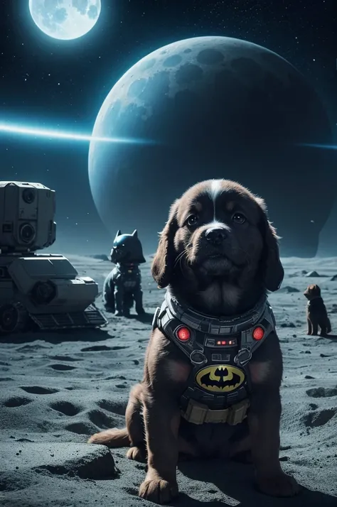 Intergalactic war between puppies, and aliens on the surface of the moon, apocalyptic scenario, and Batman watching Drama in the background.