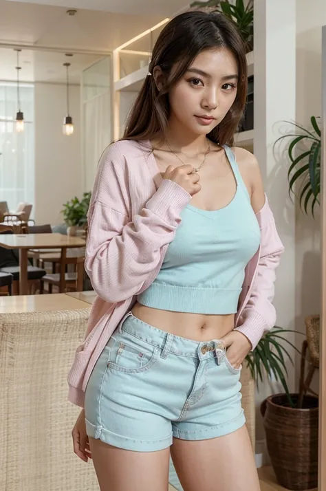 [[((young attractive Asian woman:1.5)), ((Sophie Tan:1.4)), standing in a pastel-themed café, with her back to the camera. She is wearing ((tight pastel blue high-waisted shorts and a cropped pastel pink cardigan:1.2)). Her hair is styled in soft curls, an...