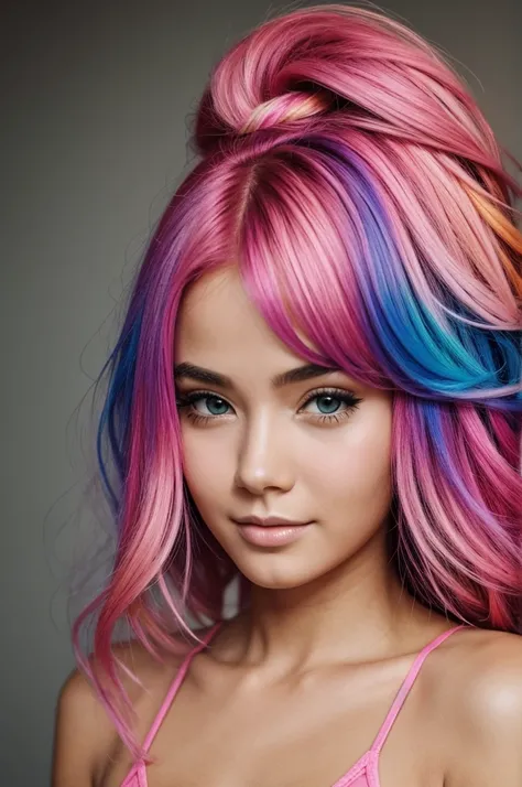 Girl with colorful hair and pink skin