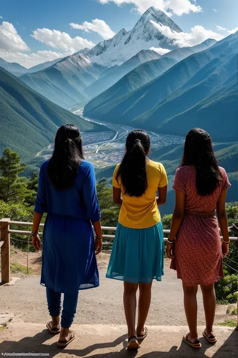 Three Indian women, one 18 years old, one 25 years old and another 35 years old. Although their faces are not clearly visible, it is clear that they have been released from long imprisonment. They look back at the mountain. There is a mountain in front and...