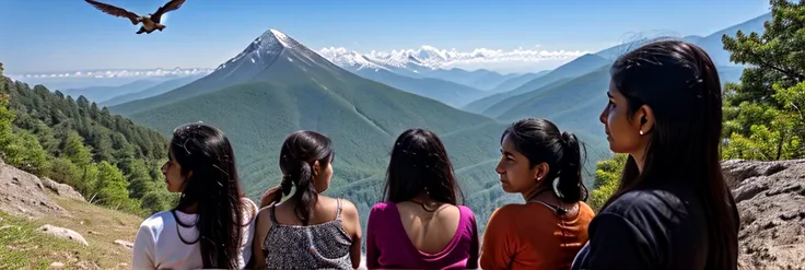 Three Indian women, one 18 years old, one 25 years old and another 35 years old. Although their faces are not clearly visible, it is clear that they have been released from long imprisonment. They look back at the mountain. There is a mountain in front and...