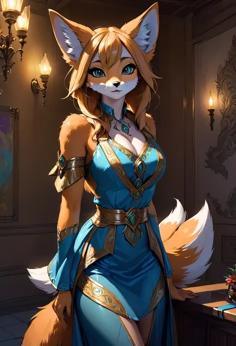 Create an illustration, Hand Painted, Full color image of an anthropomorphic fox woman. Artwork should be presented in the following styles "Breath of the Wild," With warm lighting and shadows. Graphite Shader Included, Template Tags, And airbrush acrylic ...