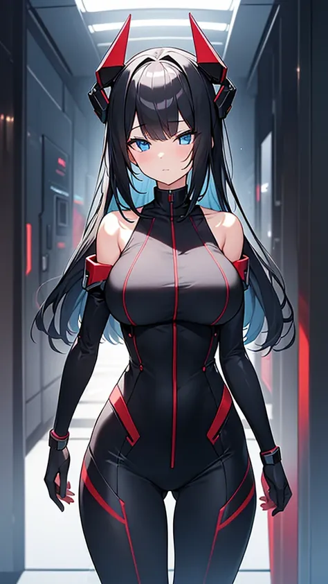 (Highly detailed CG Unity 8k wallpaper,masterpiece),(Best lighting, Best Shadow, Very delicate and beautiful),(One girl),blue eyes, Big Breasts, Black Hair,Red and black off-the-shoulder SF bodysuit,Neck Seal,High-tech sci-fi corridor, Dynamic pose, Detail...