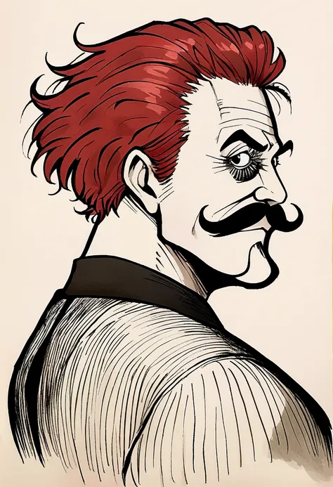 middle aged man, short hair back, Red-Haired, mustache, art style drawing gothic tim burton, portraite