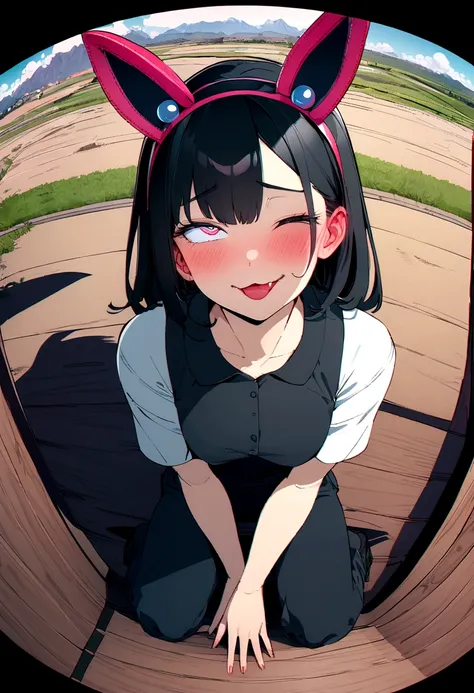 black hair, hair bobbles, wince, longeyelashes, solid circle eyes, fake animal ears, light smile, ear blush, fang, ccurate, longeyelashes, pupils sparkling, naughty face, naughty, ahegao, Surrealism, drop shadow, anaglyph, stereogram, tachi-e, pov, atmosph...