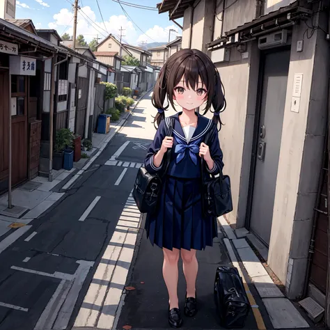 (best quality, ultra detailed, masterpiece:1.4), HD,
(1girl), standing, gentle smile, 15yo,
(low twintails:1.4), low pigtails, black hair, long hair,
(navy blue sailor suit with blue ribbon:1.2), long sleeves, 
BREAK 
(dark brown eyes), (school bag on righ...