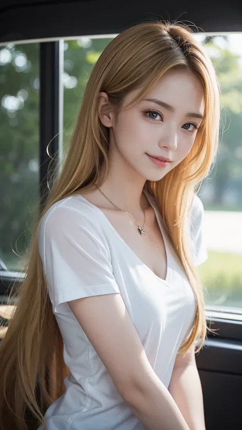 (Raw photo:1.2)、highest quality、Precise beauty、beautiful long hair woman、The most beautiful women in the world、Beautiful and sharp face、21 years old、Also々himself、Smooth super short hair that looks blonde、highly detailed face、Cute smiling girl、happy look、be...