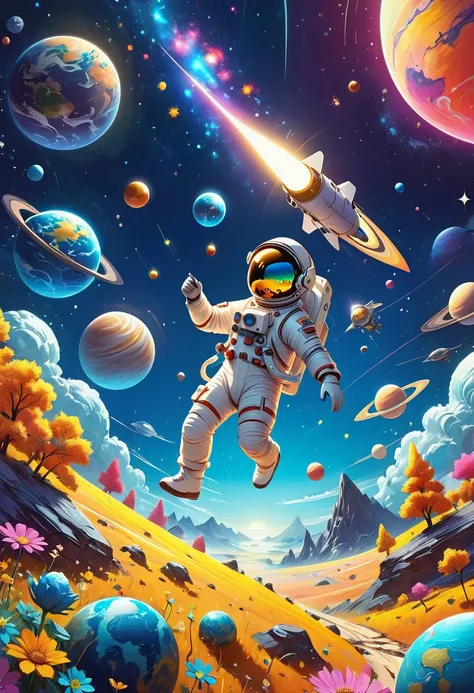 A 3d illustration of things such as a universe, astronaut, spaceship,planet, in the style of lively illustrations, childlike figures, hallyu, ad posters, use of bright colors, earthworks, soft color fields light-filled scenes