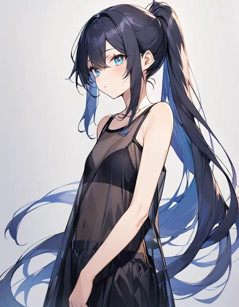 1girl,solo,19 years old,blue-long-hair,high-ponytail,blue-eyes,(tall-stature:1.2),flat-chest, black_see-through_t-shirt,thin_black_bra,