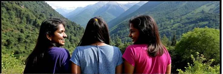 Three Indian women, one 18 years old, one 25 years old and another 35 years old. Although their faces are not clearly visible, it is clear that they have been released from long imprisonment. They look back at the mountain. There is a mountain in front and...