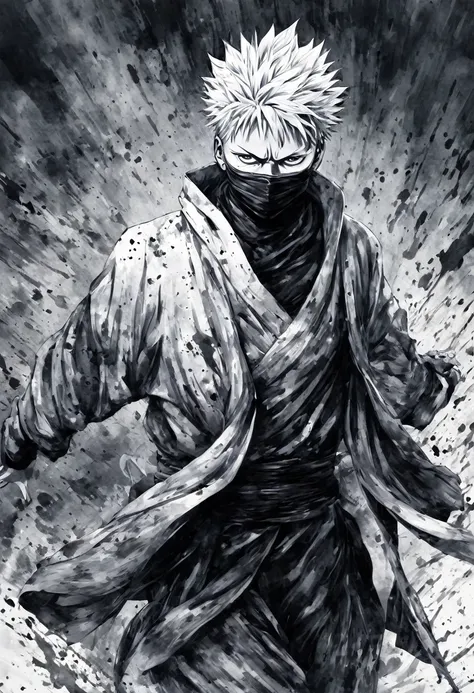 ink painting,black and white painting,splash,jujutsu kaisen, blindfolded gojo satoru,